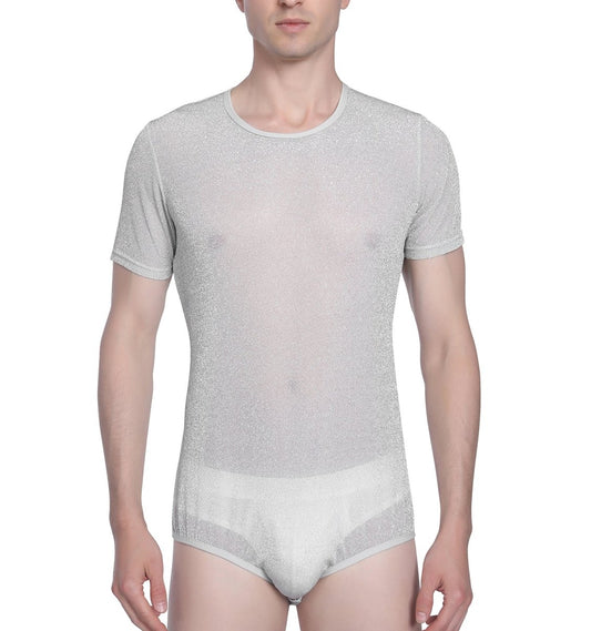 Landofgenie Men Shiny Mesh Onesie Snap Crotch Romper - Gray - landofgenie