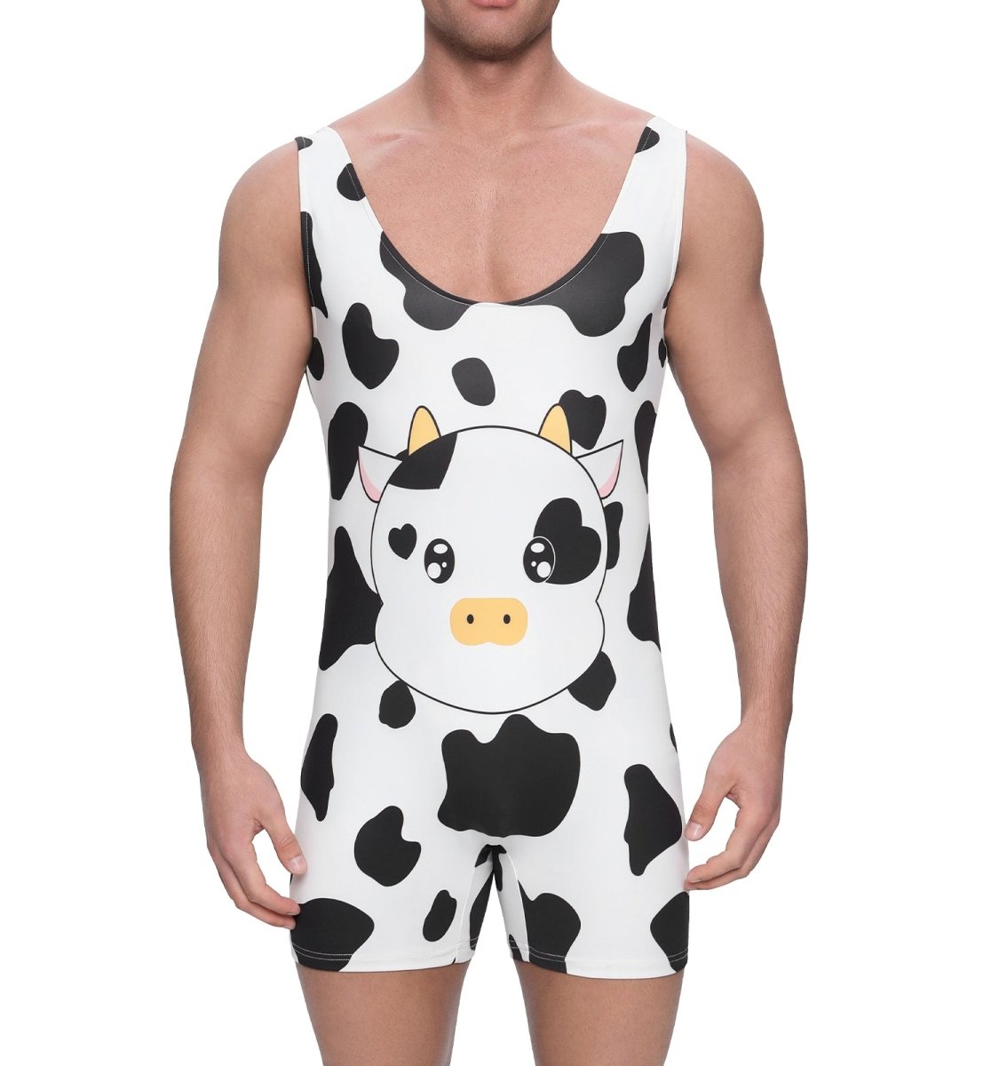 Landofgenie Men Sleeveless Bib Shorts Cow Pattern Print - landofgenie