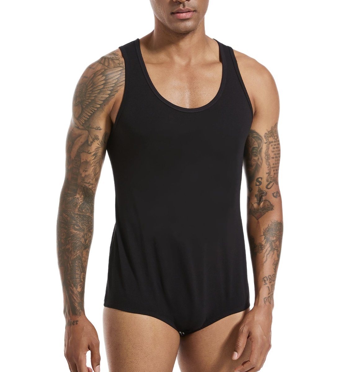 Landofgenie Mens Cotton Sleeveless Basic Bodysuit - Black - landofgenie