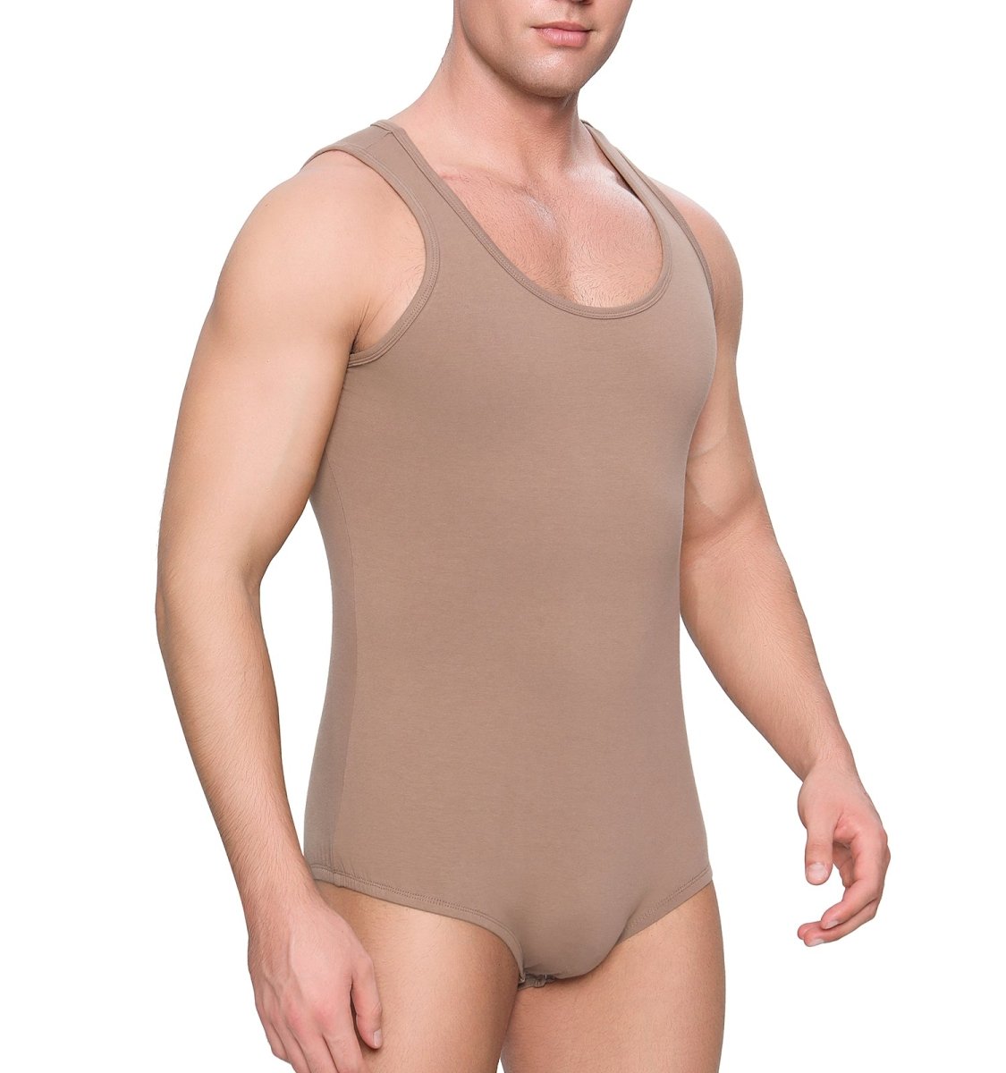 Landofgenie Mens Cotton Sleeveless Basic Bodysuit- Brown - landofgenie