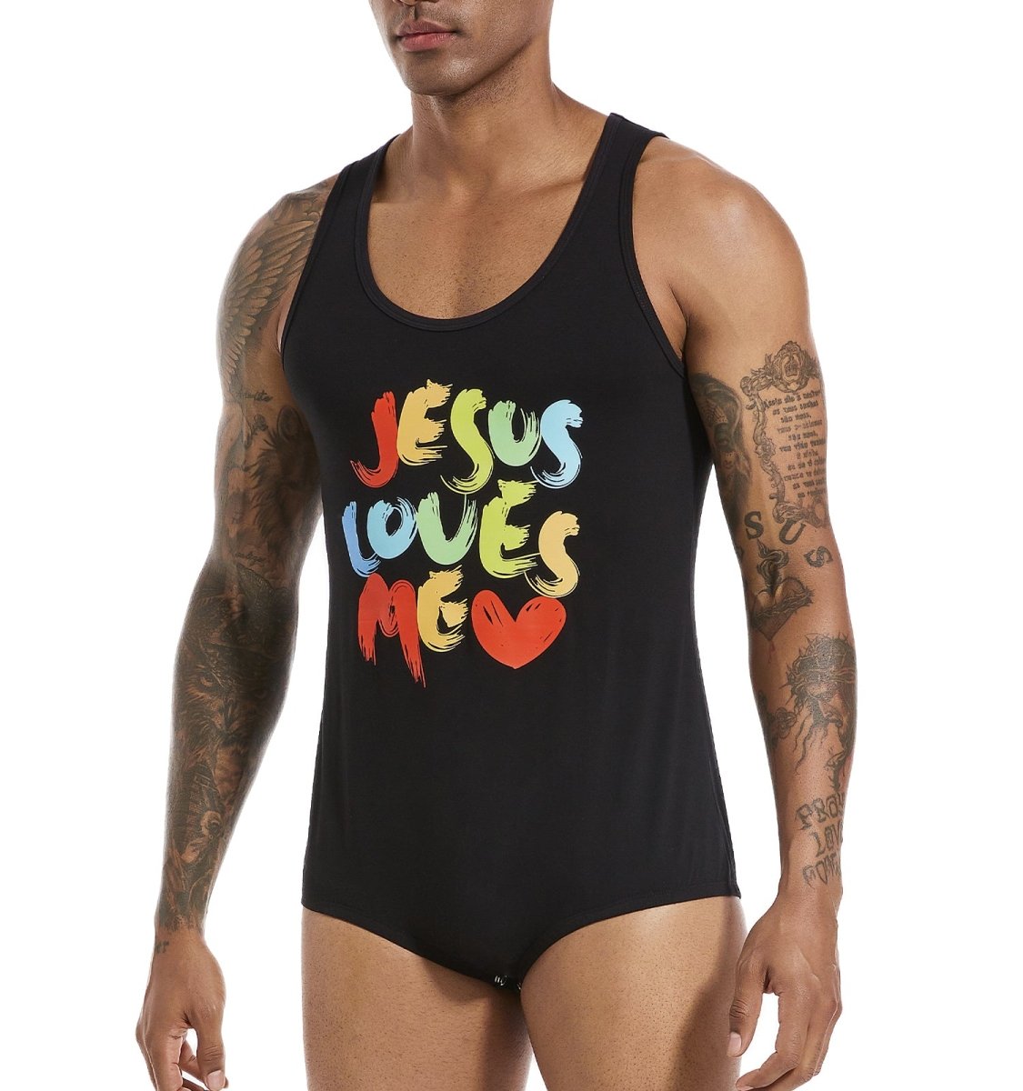 Landofgenie Mens Cotton Sleeveless Print Bodysuit - Black - landofgenie