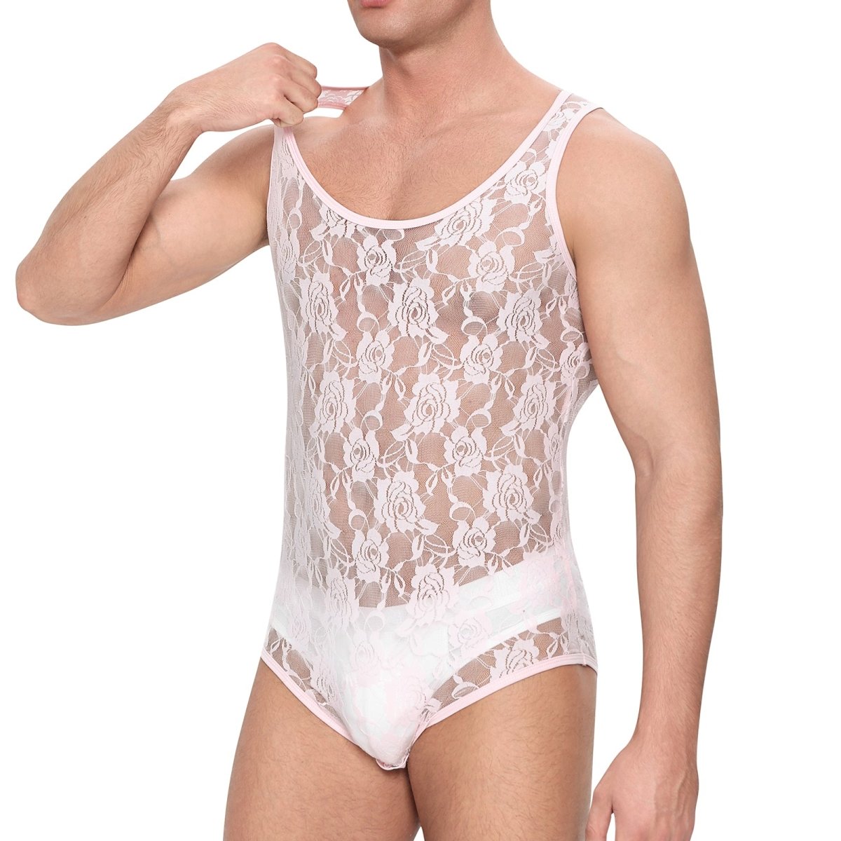 Landofgenie Mens Mesh Sleeveless Bodysuit - Follower Lace Pink - landofgenie