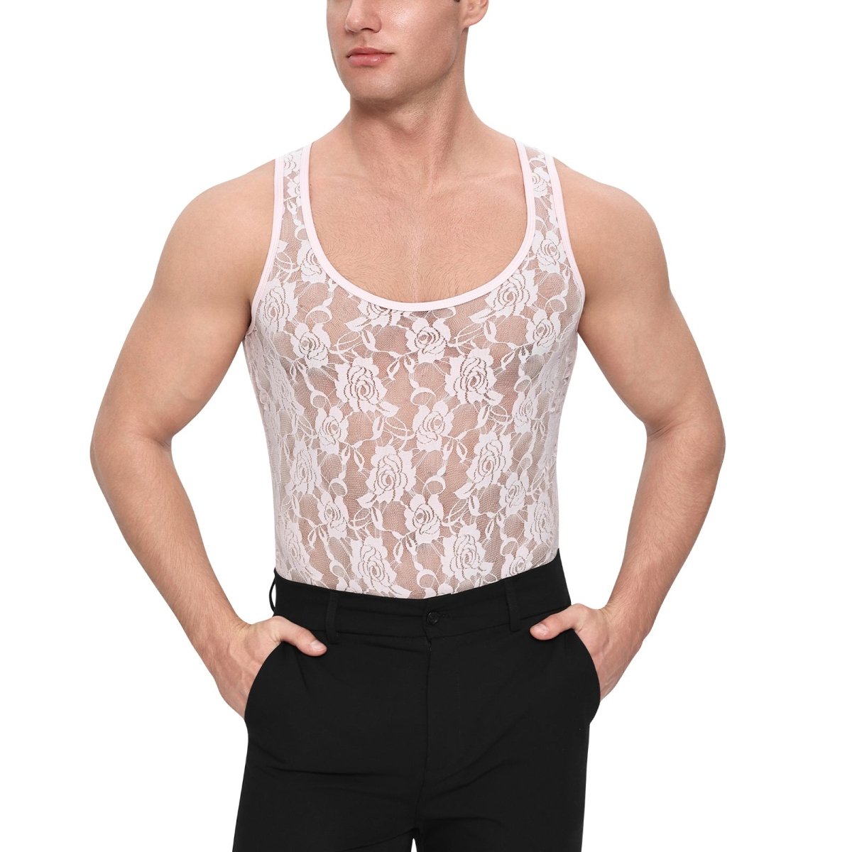 Landofgenie Mens Mesh Sleeveless Bodysuit - Follower Lace Pink - landofgenie