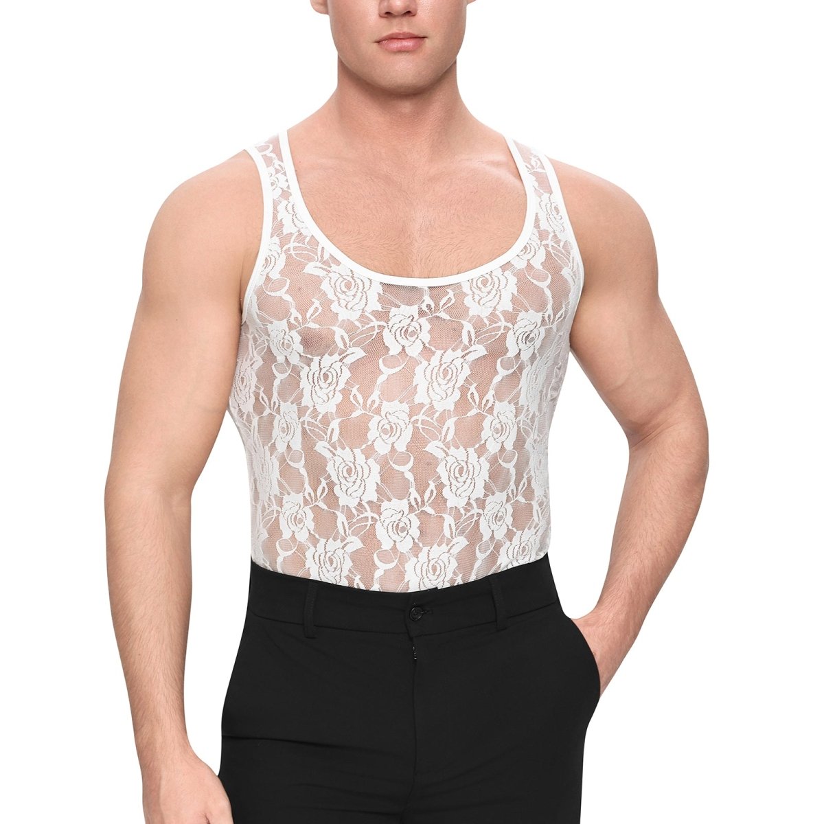 Landofgenie Mens Mesh Sleeveless Bodysuit - Follower Lace White - landofgenie