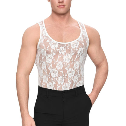 Landofgenie Mens Mesh Sleeveless Bodysuit - Follower Lace White - landofgenie