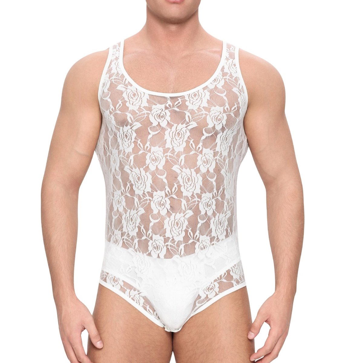 Landofgenie Mens Mesh Sleeveless Bodysuit - Follower Lace White - landofgenie