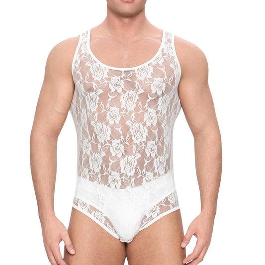 Landofgenie Mens Mesh Sleeveless Bodysuit - Follower Lace White - landofgenie