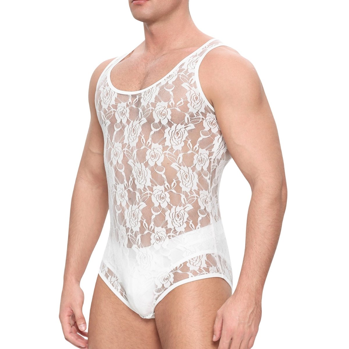 Landofgenie Mens Mesh Sleeveless Bodysuit - Follower Lace White - landofgenie