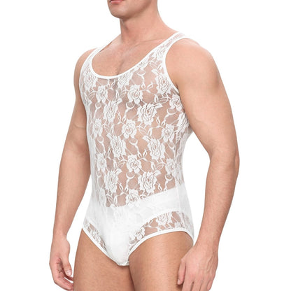Landofgenie Mens Mesh Sleeveless Bodysuit - Follower Lace White - landofgenie