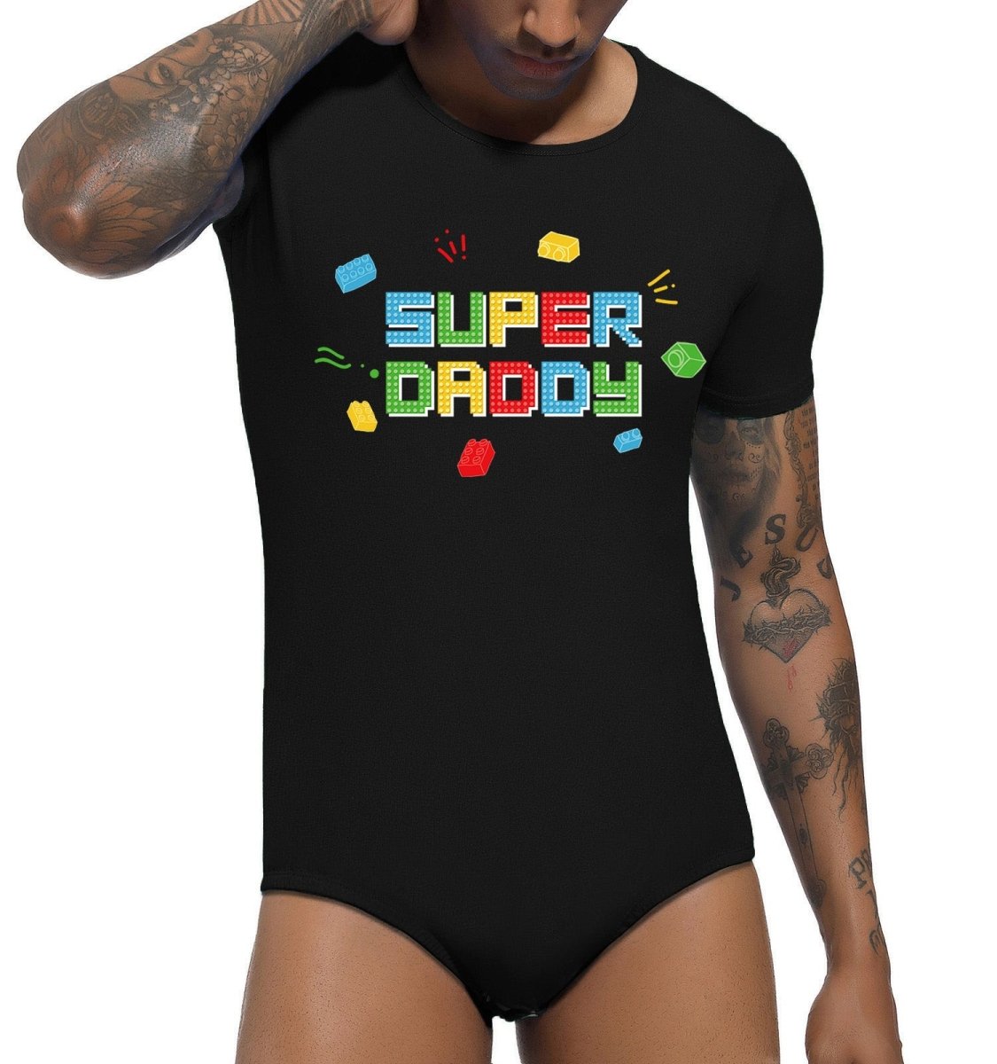 Landofgenie Mens Print Stripe Onesie -Super Daddy - landofgenie