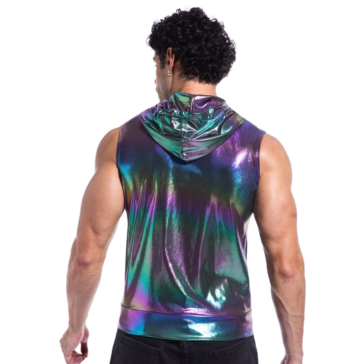 Landofgenie Mens Shiny Metallic Zip Up Sleeveless Hooded Vest T Shirt - Black - landofgenie
