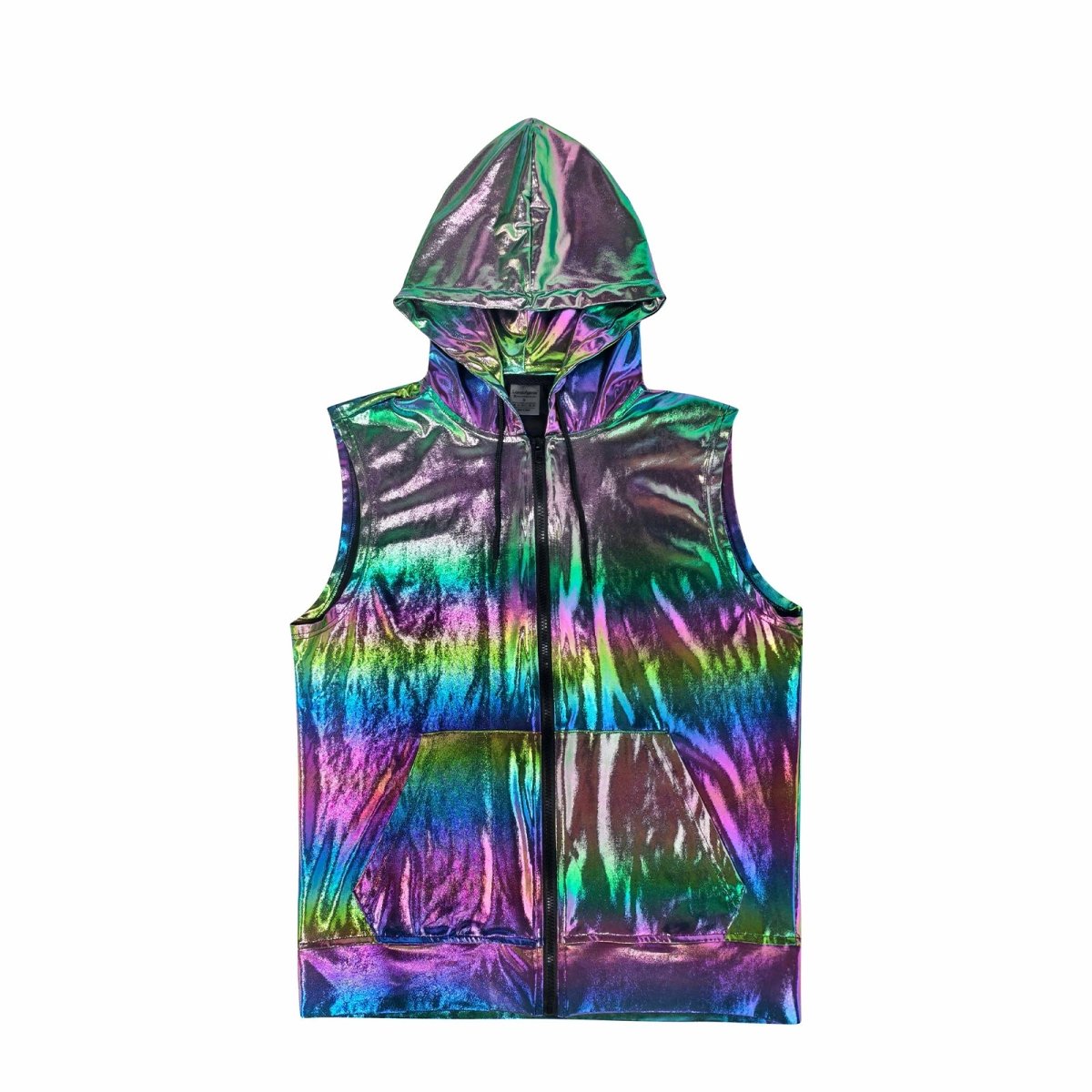 Landofgenie Mens Shiny Metallic Zip Up Sleeveless Hooded Vest T Shirt - Black - landofgenie