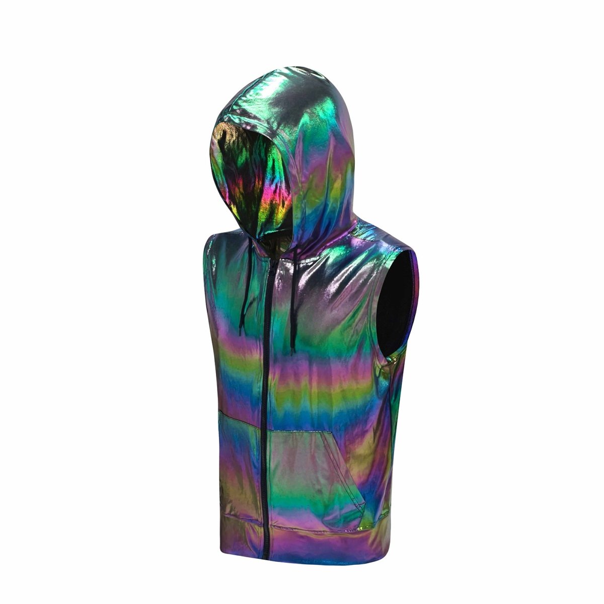 Landofgenie Mens Shiny Metallic Zip Up Sleeveless Hooded Vest T Shirt - Black - landofgenie