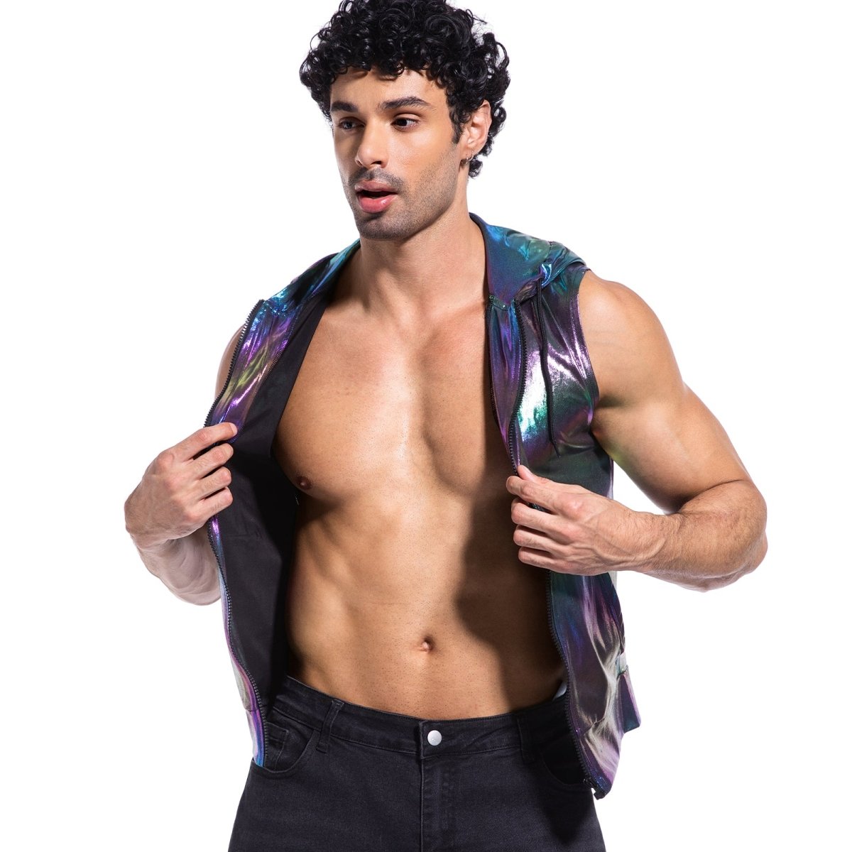 Landofgenie Mens Shiny Metallic Zip Up Sleeveless Hooded Vest T Shirt - Black - landofgenie