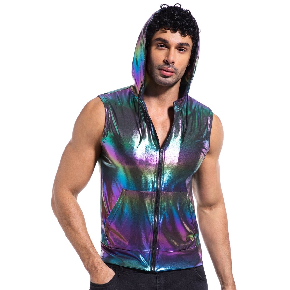 Landofgenie Mens Shiny Metallic Zip Up Sleeveless Hooded Vest T Shirt - Black - landofgenie