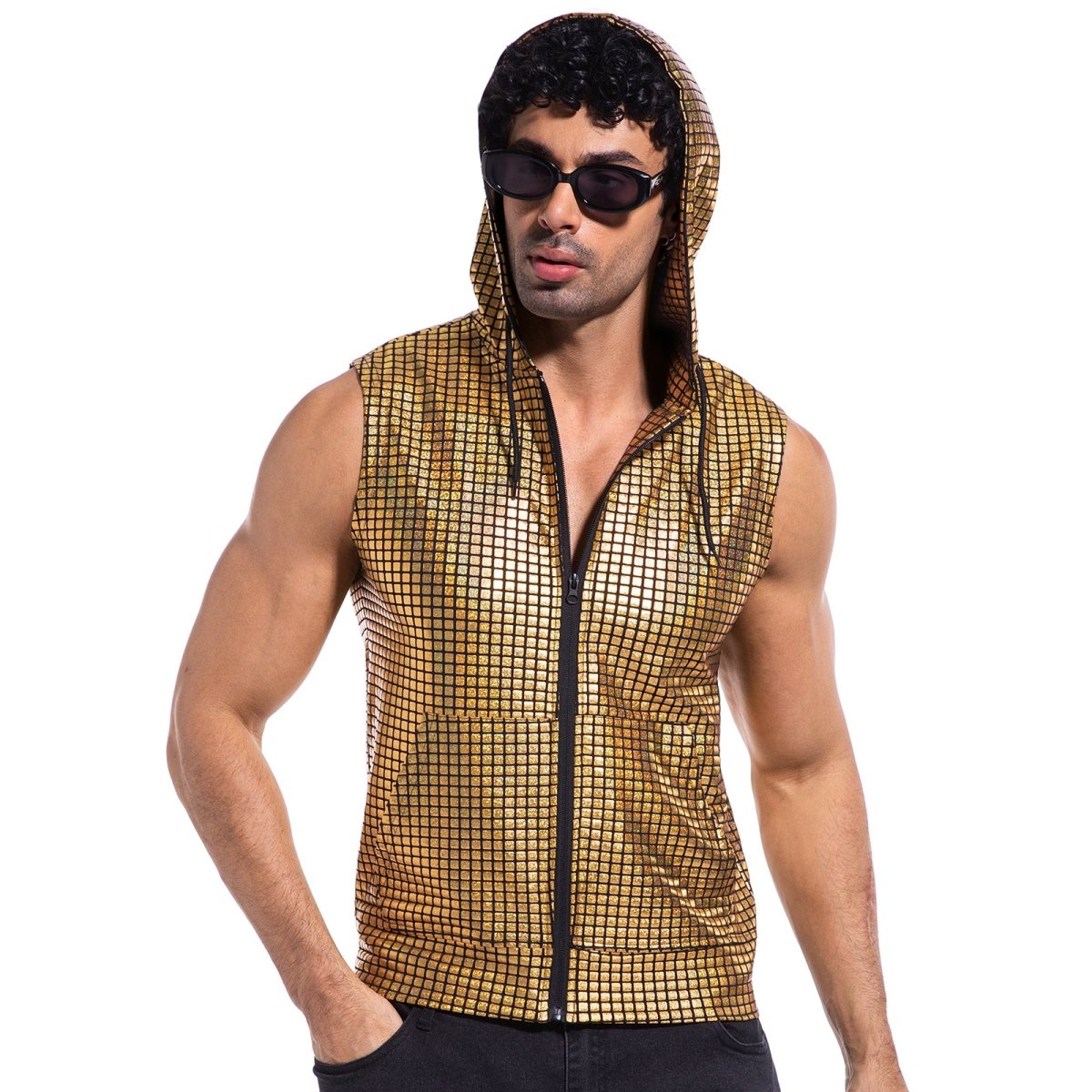Landofgenie Mens Shiny Metallic Zip Up Sleeveless Hooded Vest T Shirt - Golden Grid - landofgenie