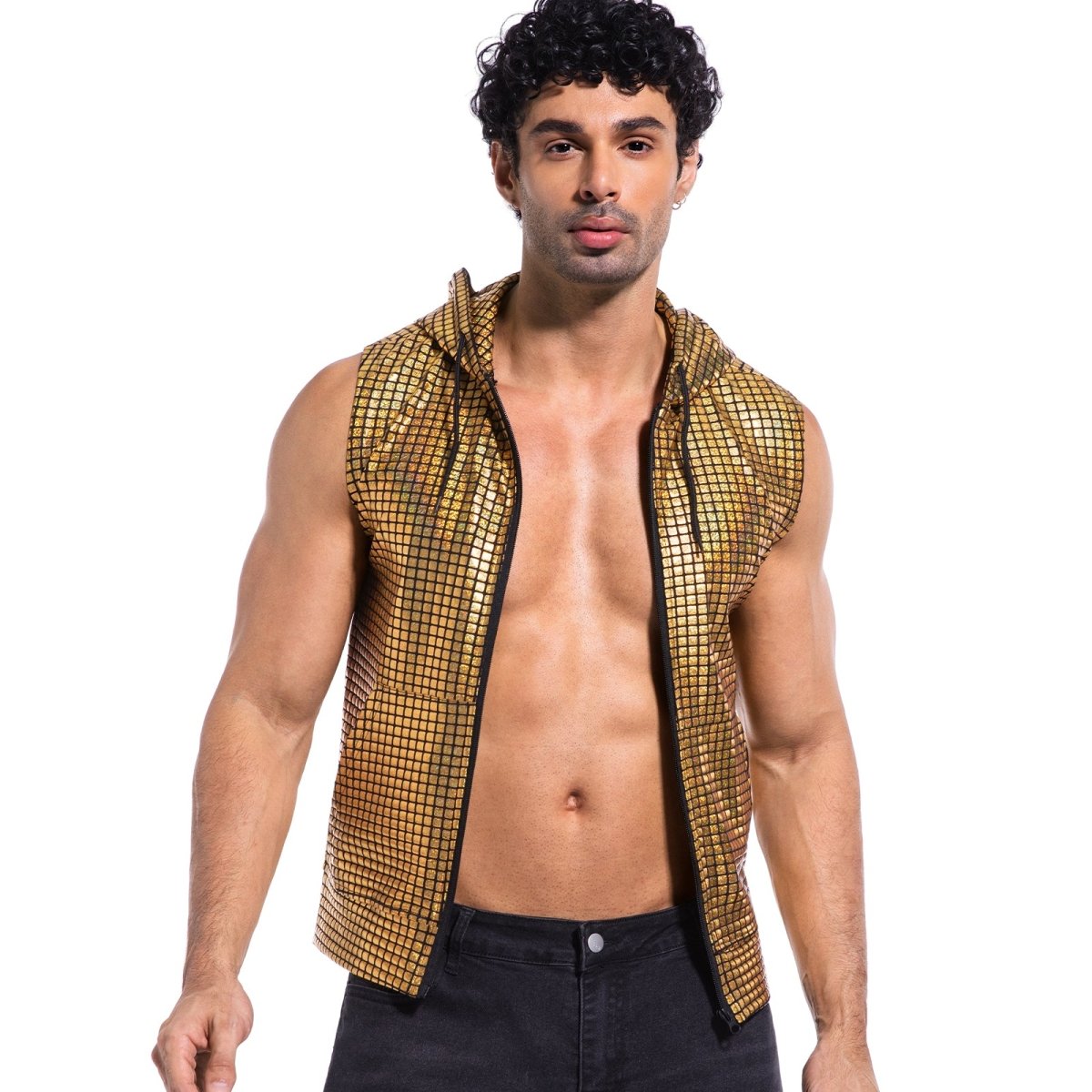 Landofgenie Mens Shiny Metallic Zip Up Sleeveless Hooded Vest T Shirt - Golden Grid - landofgenie