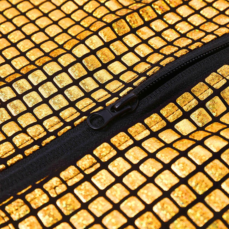 Landofgenie Mens Shiny Metallic Zip Up Sleeveless Hooded Vest T Shirt - Golden Grid - landofgenie