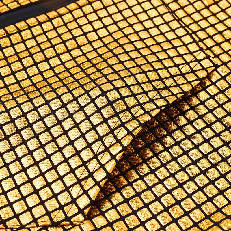 Landofgenie Mens Shiny Metallic Zip Up Sleeveless Hooded Vest T Shirt - Golden Grid - landofgenie