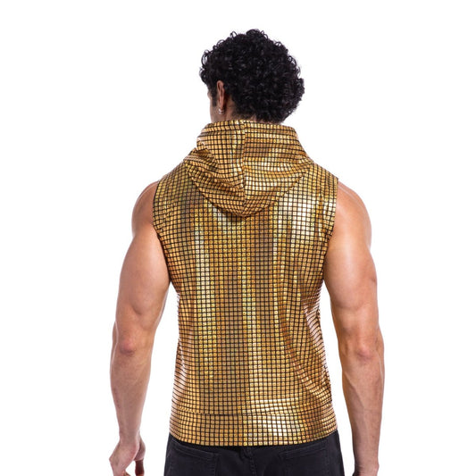 Landofgenie Mens Shiny Metallic Zip Up Sleeveless Hooded Vest T Shirt - Golden Grid - landofgenie
