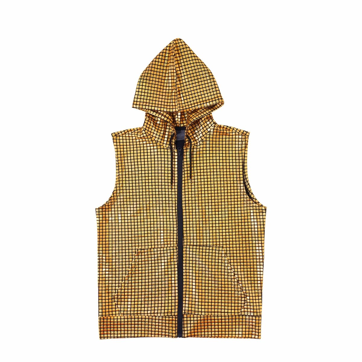 Landofgenie Mens Shiny Metallic Zip Up Sleeveless Hooded Vest T Shirt - Golden Grid - landofgenie