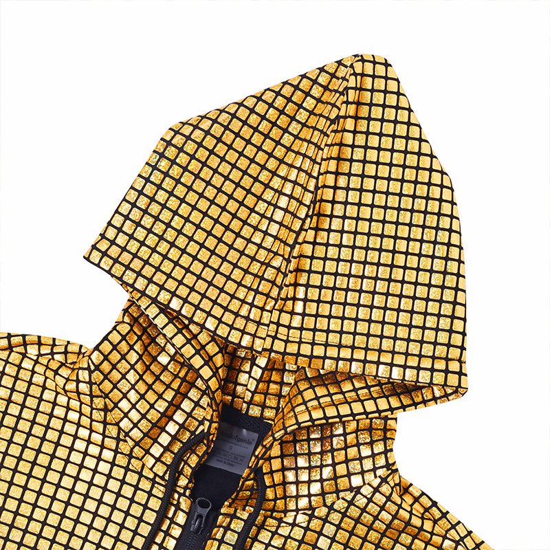 Landofgenie Mens Shiny Metallic Zip Up Sleeveless Hooded Vest T Shirt - Golden Grid - landofgenie