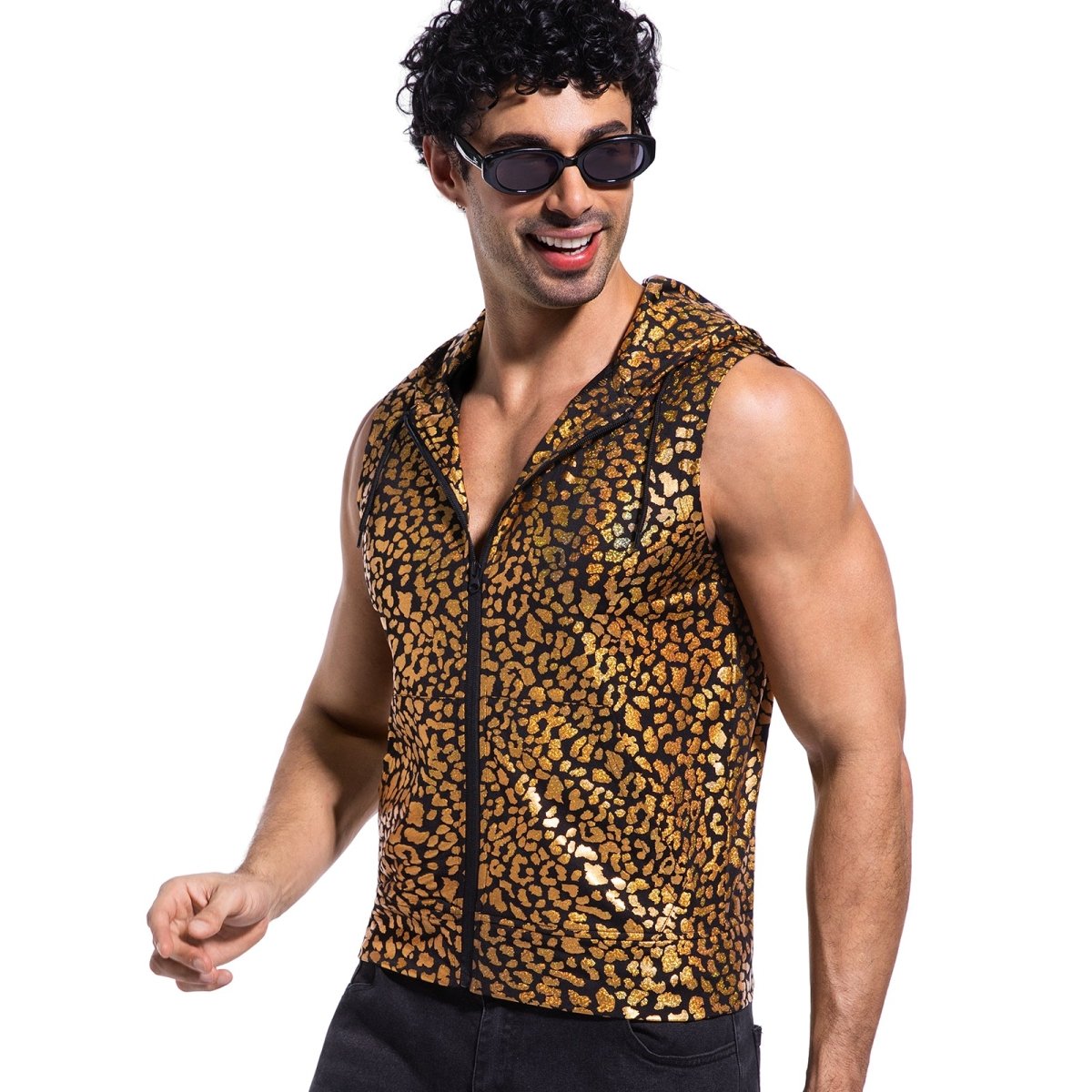 Landofgenie Mens Shiny Metallic Zip Up Sleeveless Hooded Vest T Shirt - Golden leopard - landofgenie