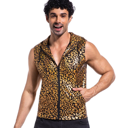 Landofgenie Mens Shiny Metallic Zip Up Sleeveless Hooded Vest T Shirt - Golden leopard - landofgenie