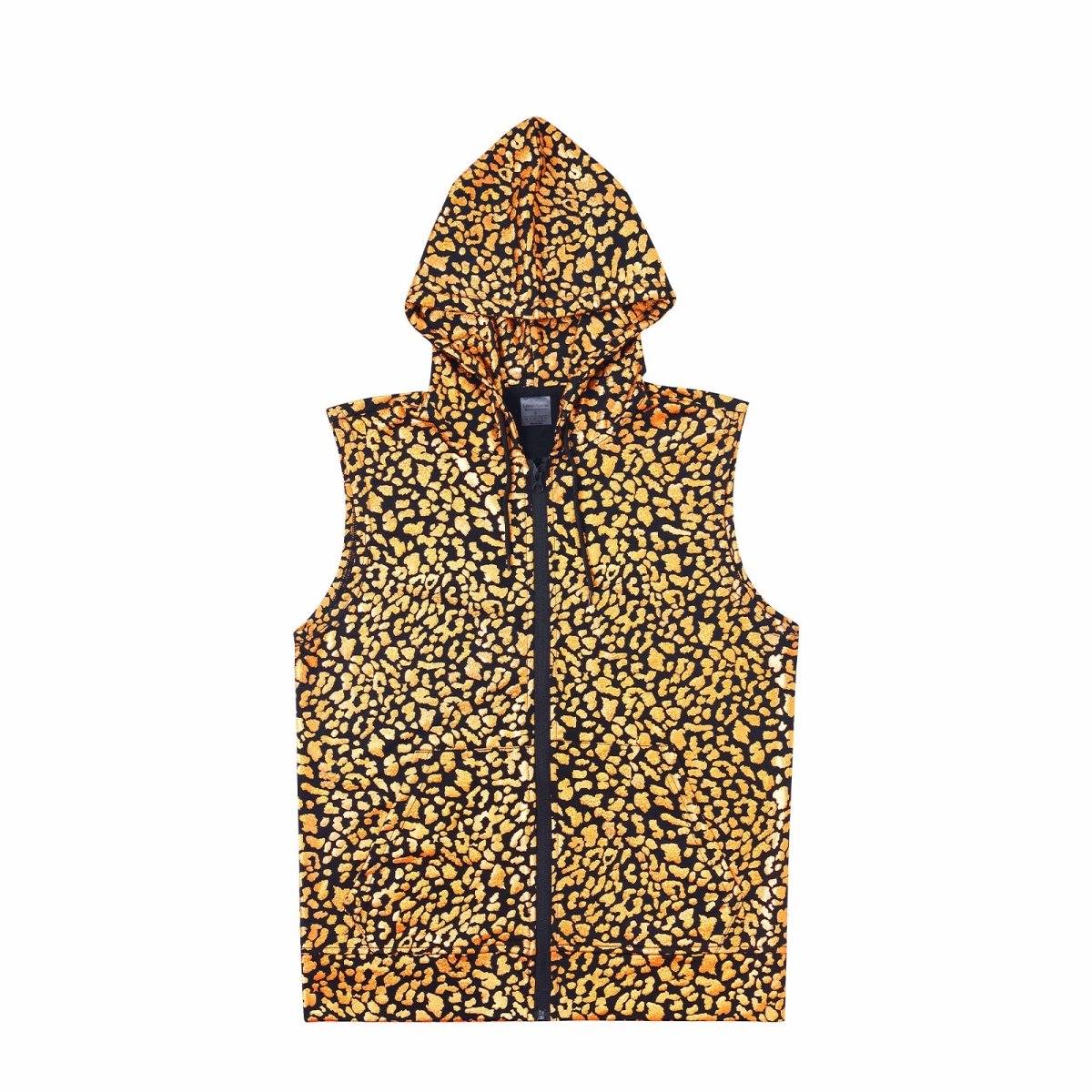 Landofgenie Mens Shiny Metallic Zip Up Sleeveless Hooded Vest T Shirt - Golden leopard - landofgenie