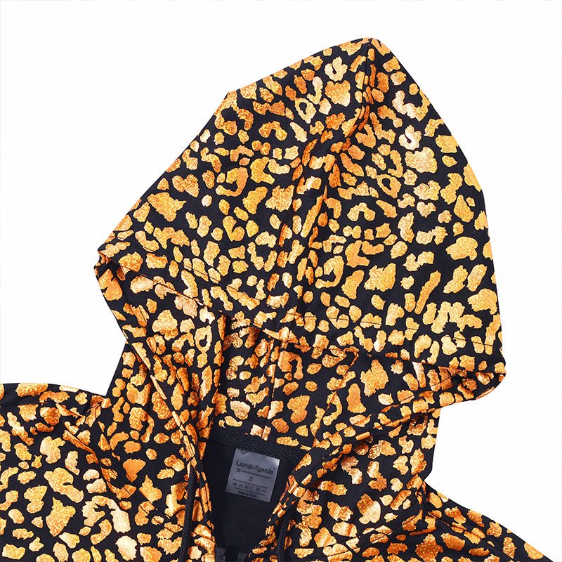 Landofgenie Mens Shiny Metallic Zip Up Sleeveless Hooded Vest T Shirt - Golden leopard - landofgenie