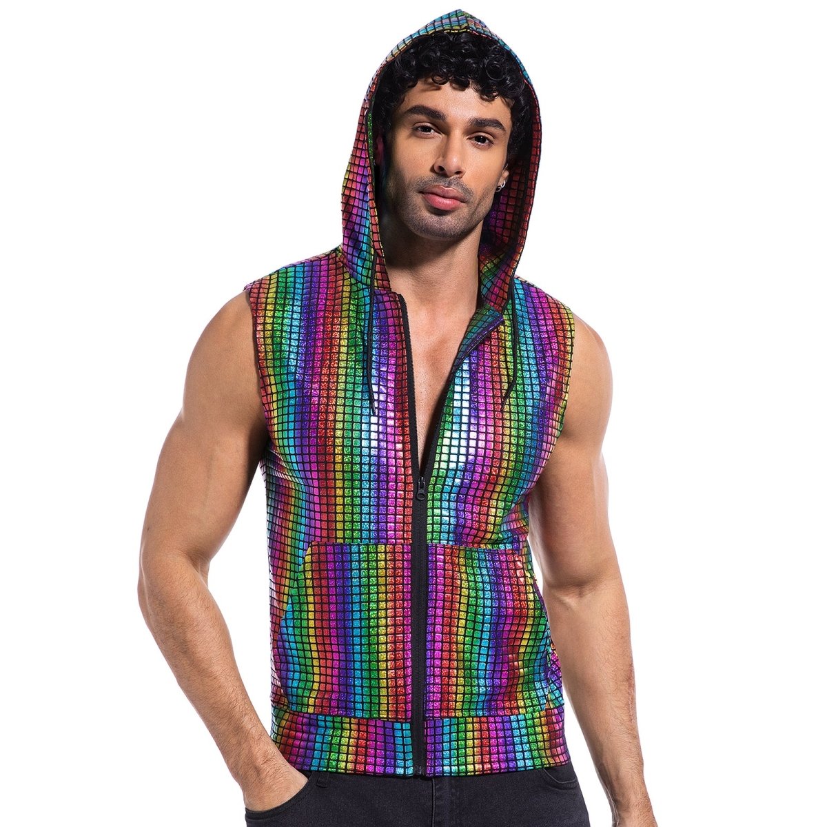 Landofgenie Mens Shiny Metallic Zip Up Sleeveless Hooded Vest T Shirt - Red blue - landofgenie