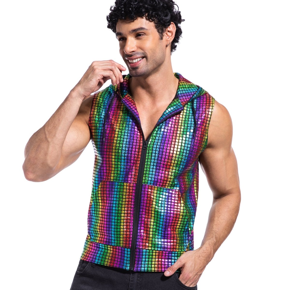 Landofgenie Mens Shiny Metallic Zip Up Sleeveless Hooded Vest T Shirt - Red blue - landofgenie