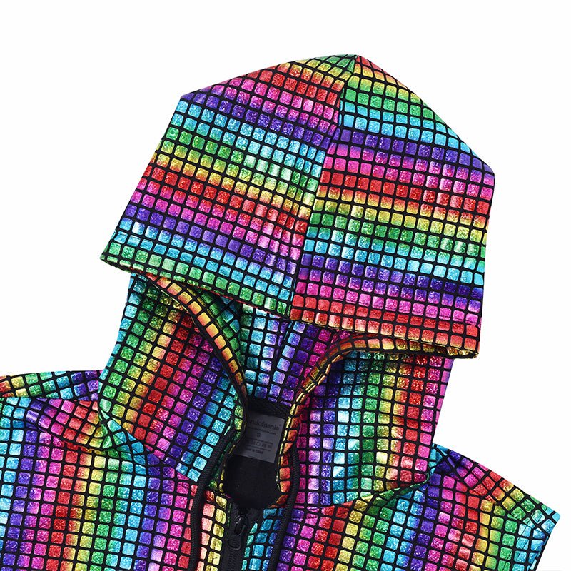 Landofgenie Mens Shiny Metallic Zip Up Sleeveless Hooded Vest T Shirt - Red blue - landofgenie