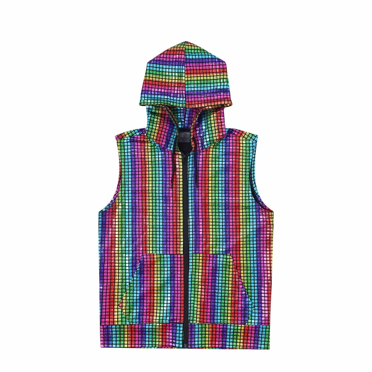 Landofgenie Mens Shiny Metallic Zip Up Sleeveless Hooded Vest T Shirt - Red blue - landofgenie