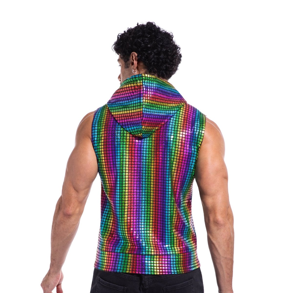 Landofgenie Mens Shiny Metallic Zip Up Sleeveless Hooded Vest T Shirt - Red blue - landofgenie