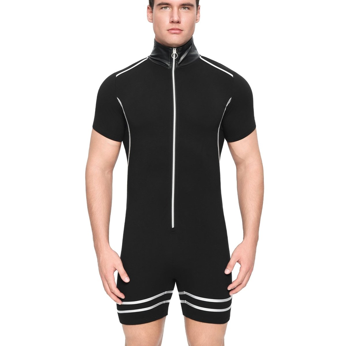 Landofgenie Men's Shirt Collar Bodyuit with Zipper - landofgenie