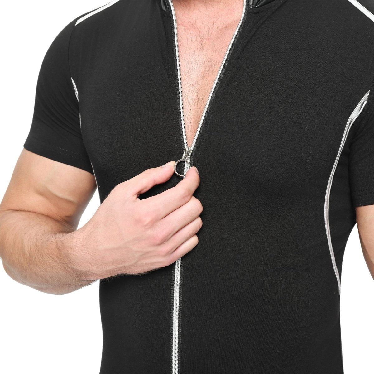 Landofgenie Men's Shirt Collar Bodyuit with Zipper - landofgenie
