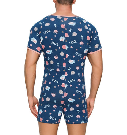 Landofgenie Mens Short Sleeve Onesie Piece Pajama - Ocean Party - landofgenie