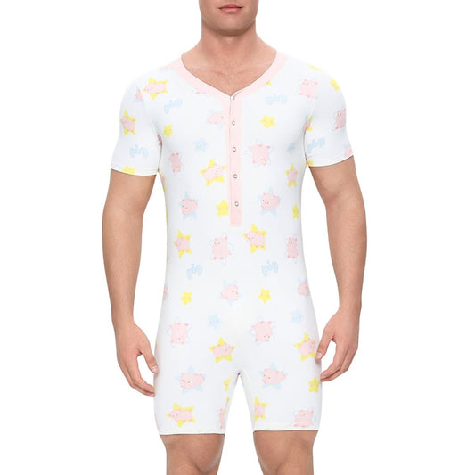 Landofgenie Mens Short Sleeve Onesie Piece Pajama - Piggy - landofgenie