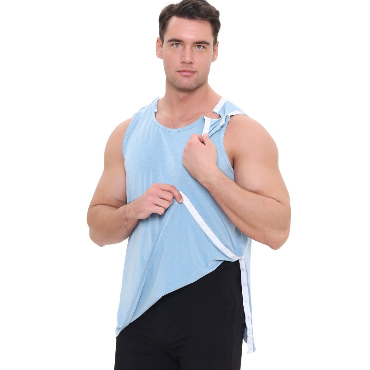 Landofgenie Mens Shoulder Snap - Access Tank Tops Post Surgery Shirts - Blue - landofgenie