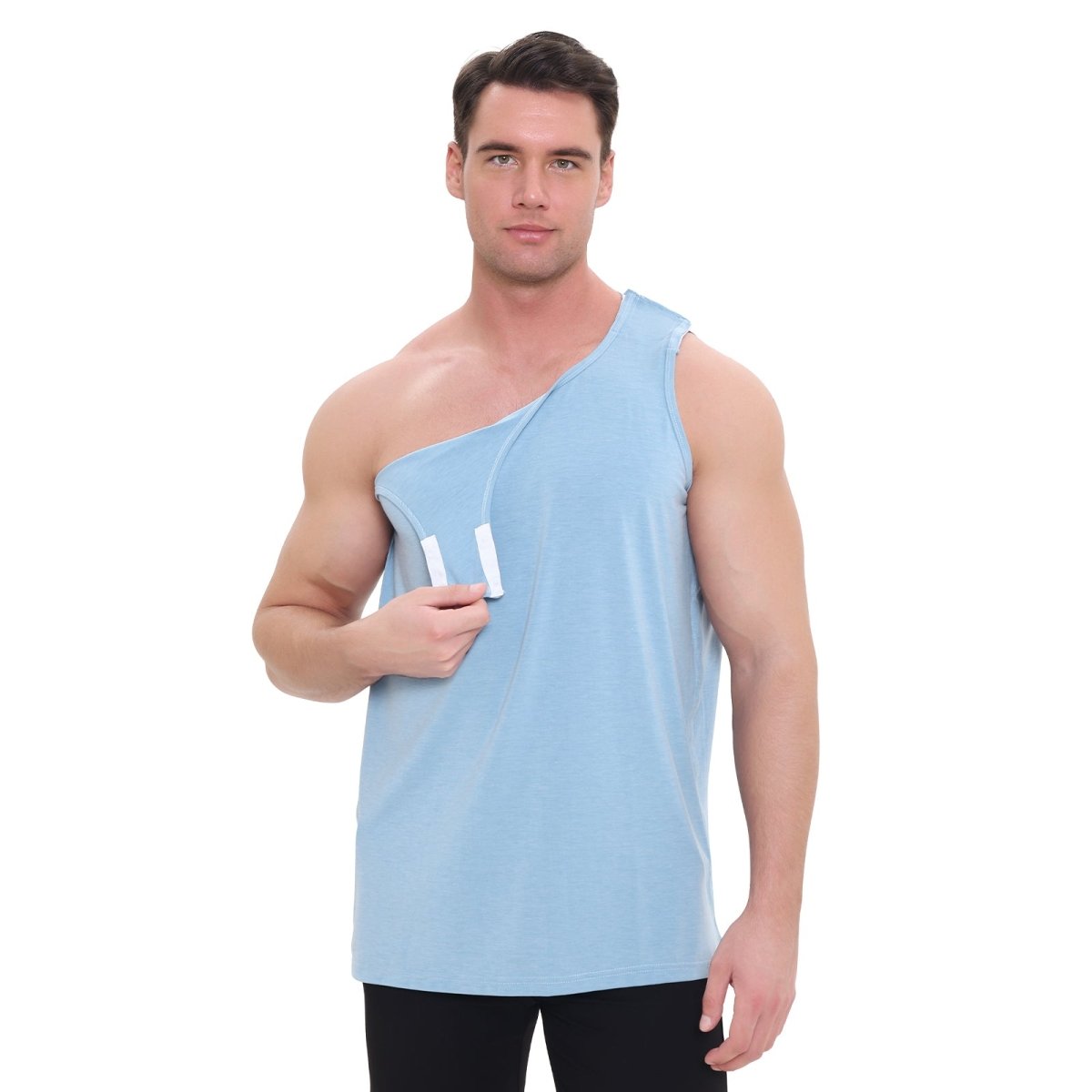 Landofgenie Mens Shoulder Snap - Access Tank Tops Post Surgery Shirts - Blue - landofgenie