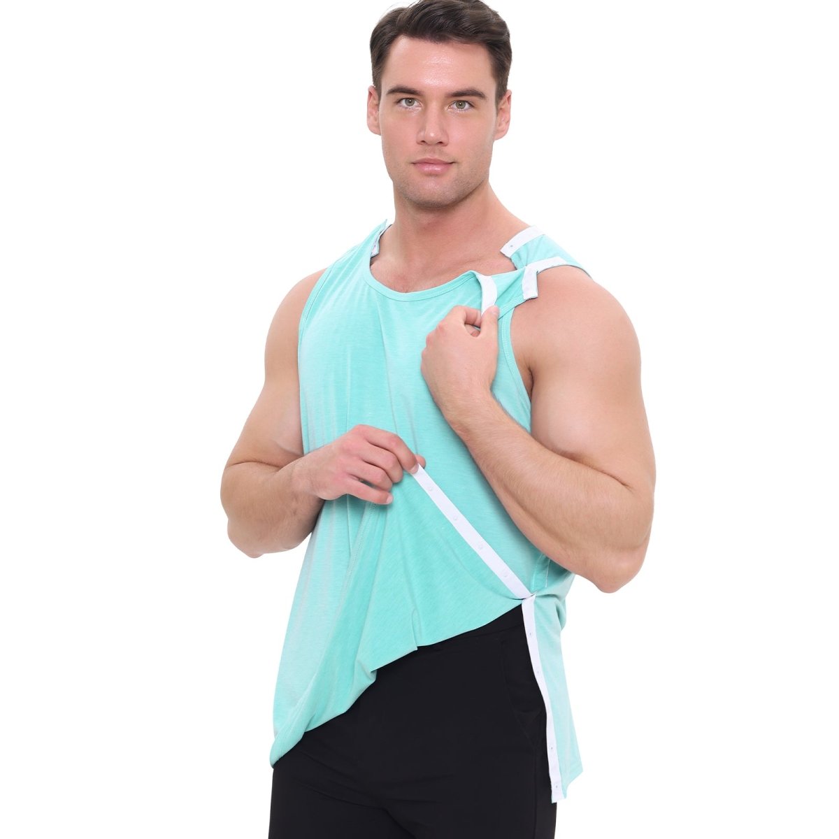 Landofgenie Mens Shoulder Snap - Access Tank Tops Post Surgery Shirts - Green - landofgenie