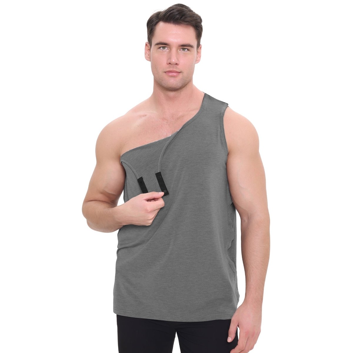Landofgenie Mens Shoulder Snap - Access Tank Tops Post Surgery Shirts - Grey - landofgenie