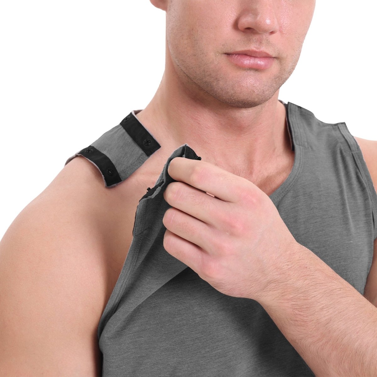 Landofgenie Mens Shoulder Snap - Access Tank Tops Post Surgery Shirts - Grey - landofgenie