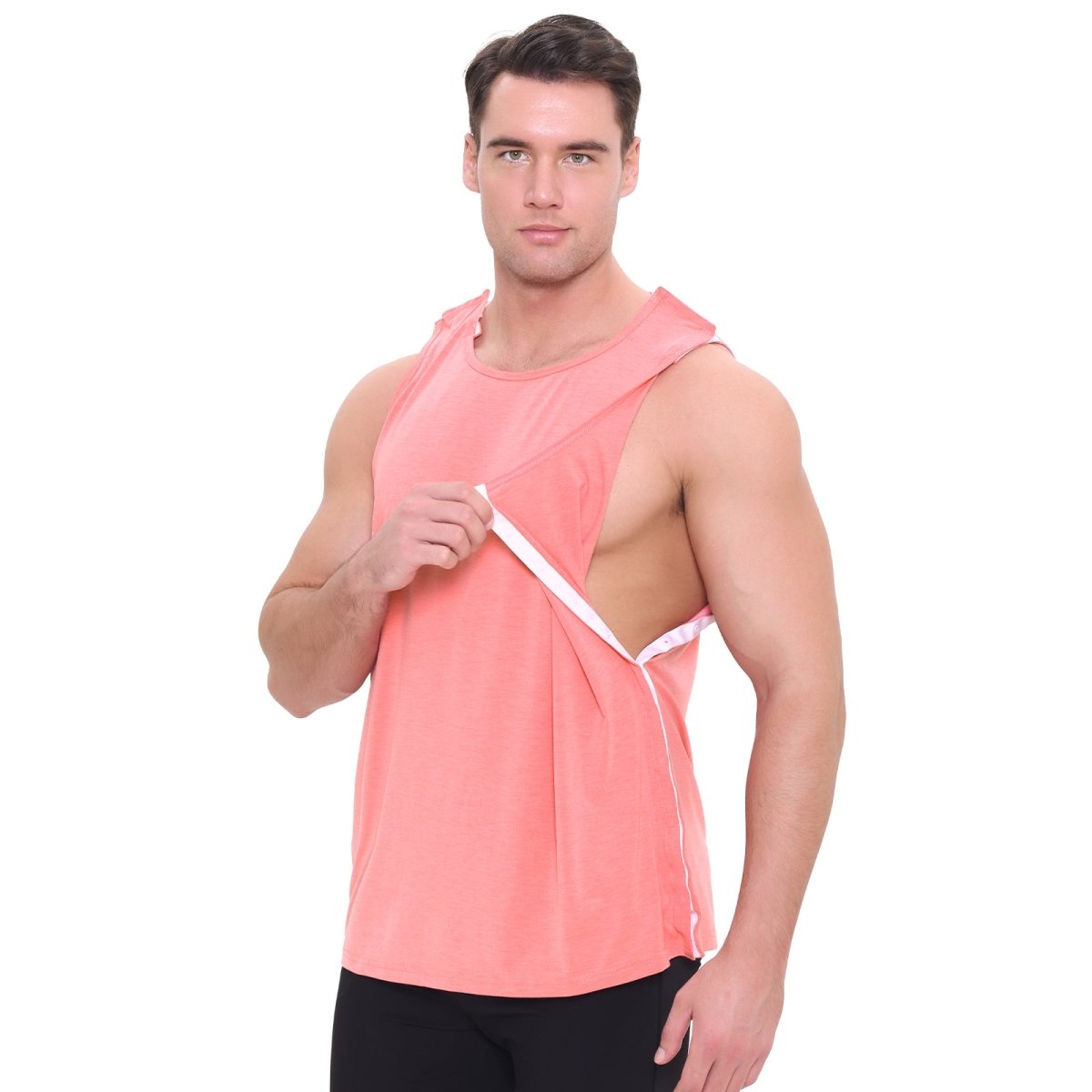 Landofgenie Mens Shoulder Snap - Access Tank Tops Post Surgery Shirts - Rose Red - landofgenie