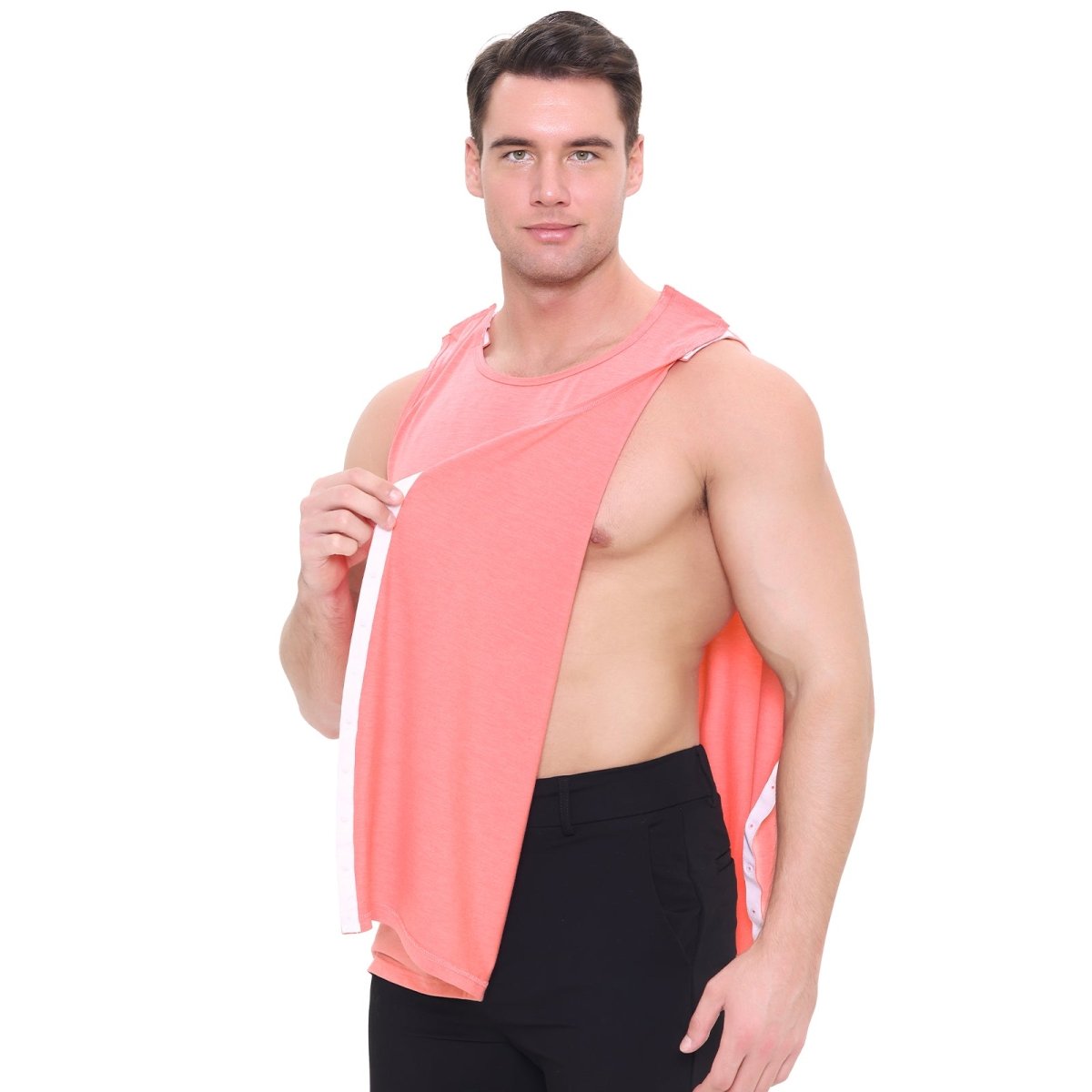 Landofgenie Mens Shoulder Snap - Access Tank Tops Post Surgery Shirts - Rose Red - landofgenie