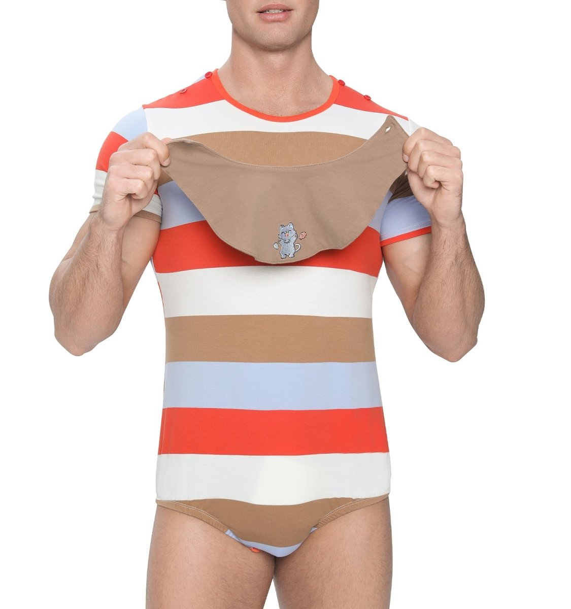 Landofgenie Mens Striped Onesie with bibs - Dancing Kitty - landofgenie