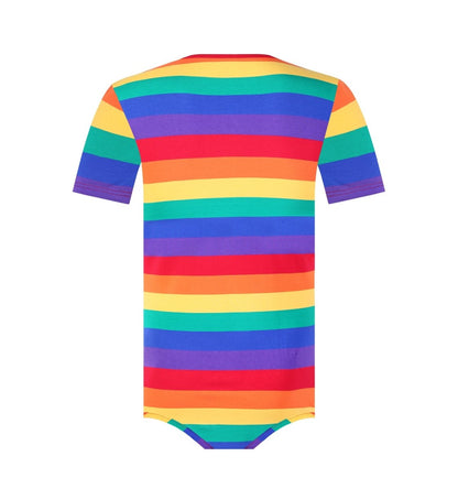 Landofgenie Mens Striped Onesie with bibs - Rainbow Bunny - landofgenie