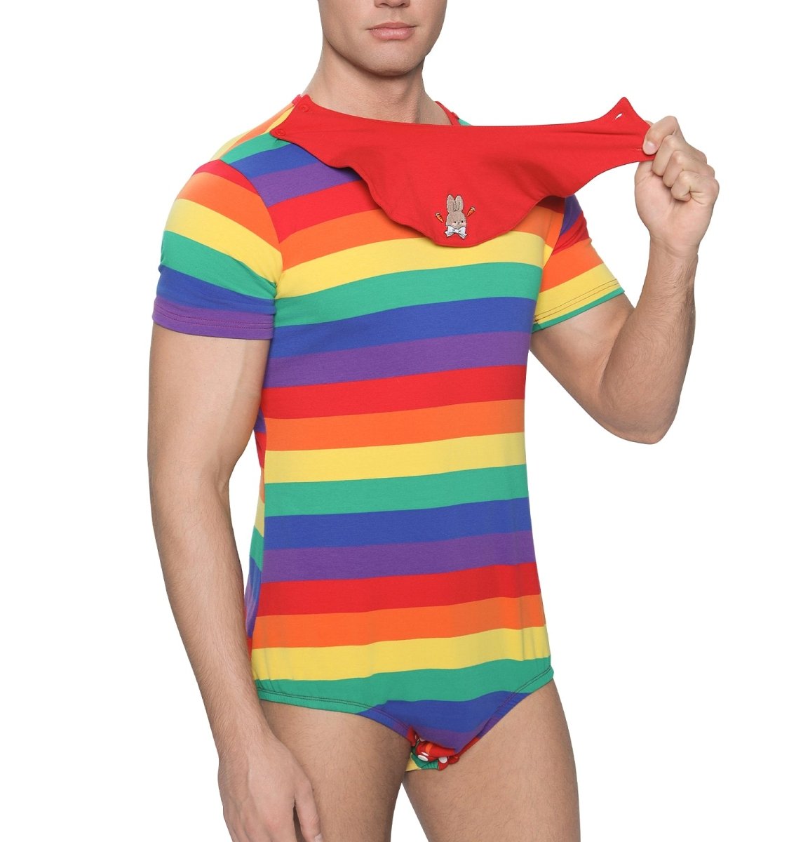 Landofgenie Mens Striped Onesie with bibs - Rainbow Bunny - landofgenie