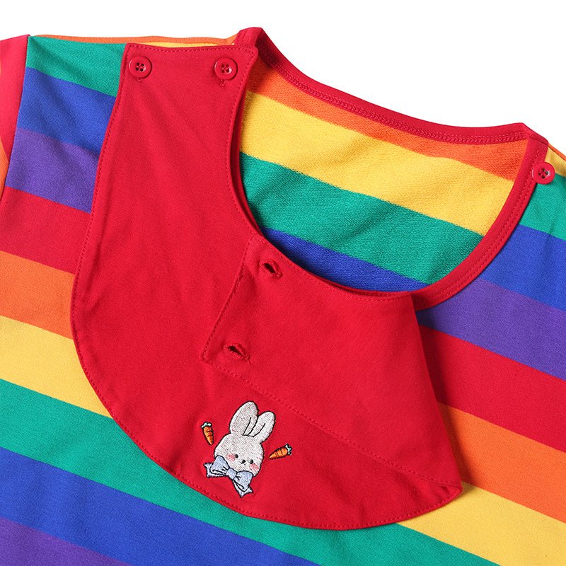 Landofgenie Mens Striped Onesie with bibs - Rainbow Bunny - landofgenie